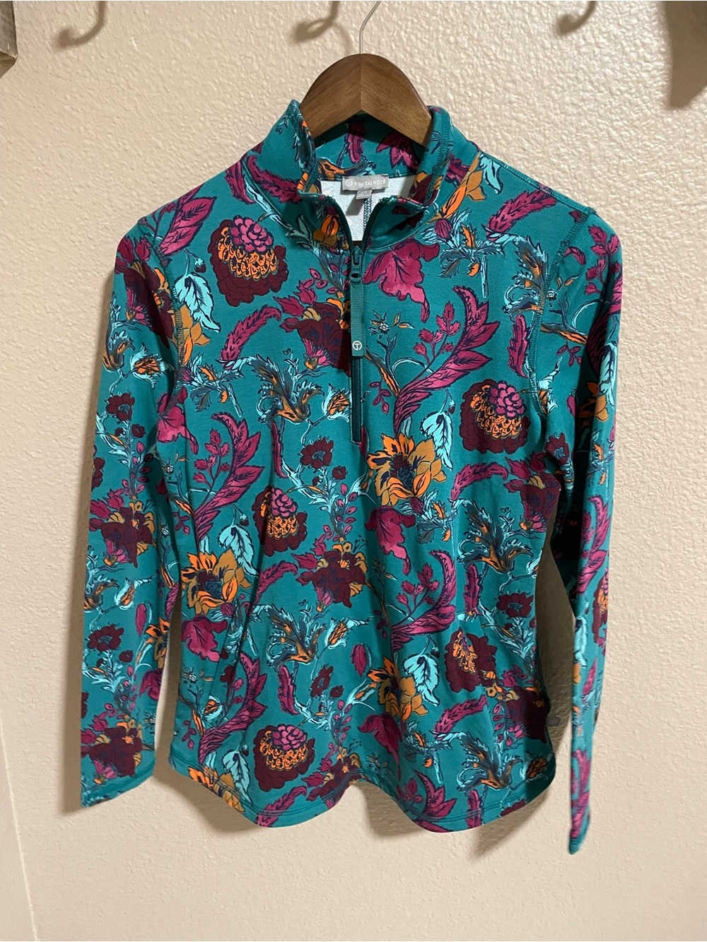 Talbots Teal Floral-Print Half-Zip Utility Jacket